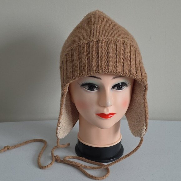 J CREW | Wool Rabbit Hair Hat Earflaps Beige Tan Sherpa Unisex Sz OS - Picture 2 of 6